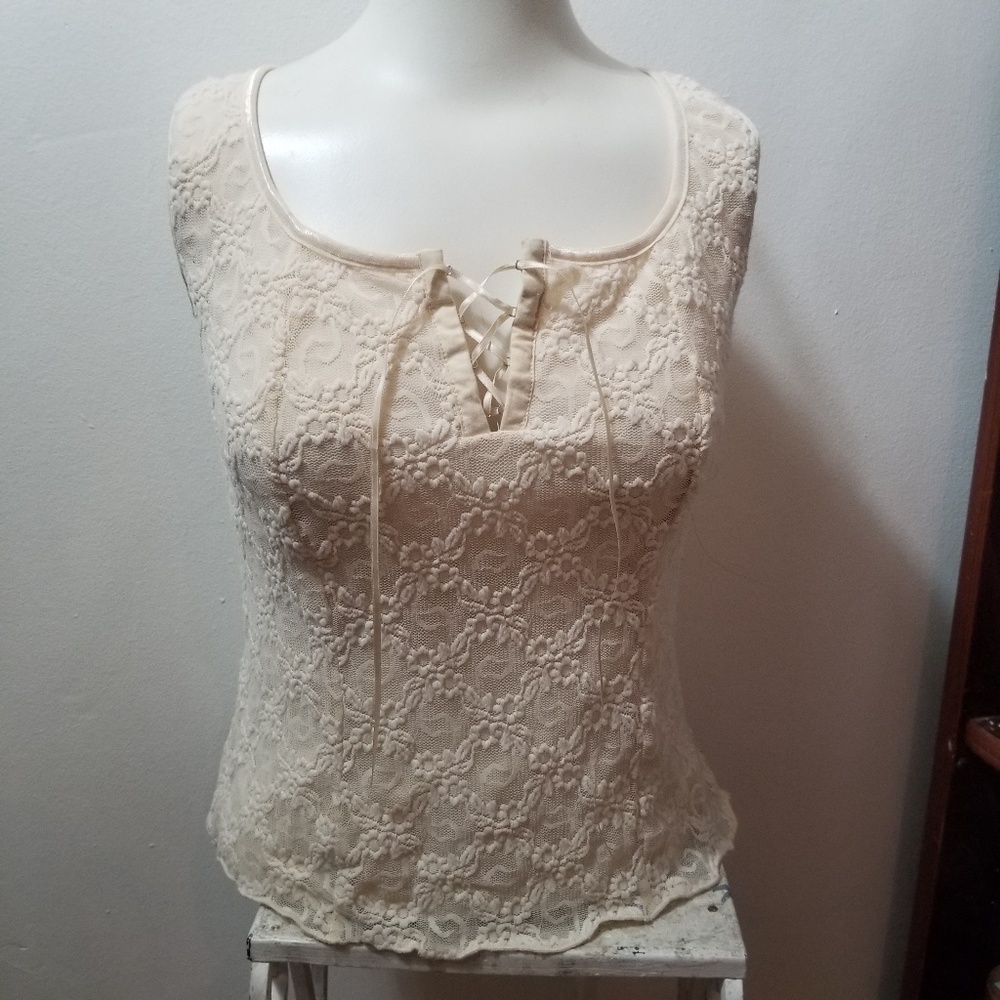 90's Floral Lace up Neckline Tank Top - Picture 4 of 6